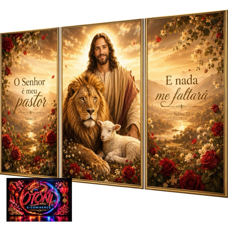 Quadros Decorativos Jesus Cristo Leão De Judá e Cordeiro Religioso 3 Peças Decoração Sala Quarto Escritório Decoração