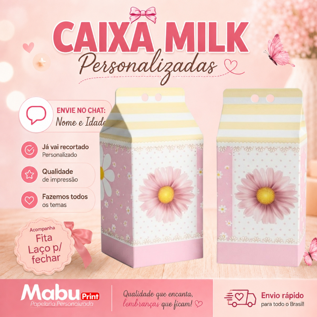Kit Caixinhas Milk Personalizada Com Nome Tema MARGARIDAS flor Festa Personalizada Lembrancinhas de Festa - Caixa Milk