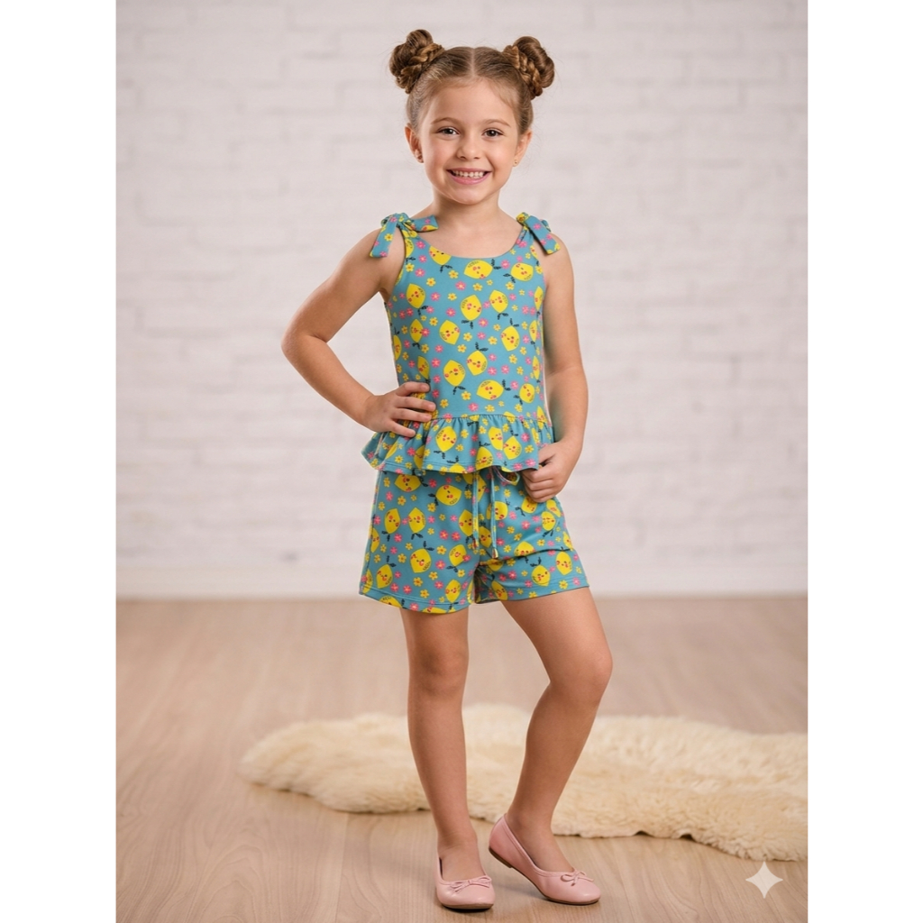 kit 2 Conjuntos Estampado Menina Infantil Verao Cojuntinho Feminino Shortinho Blusinha