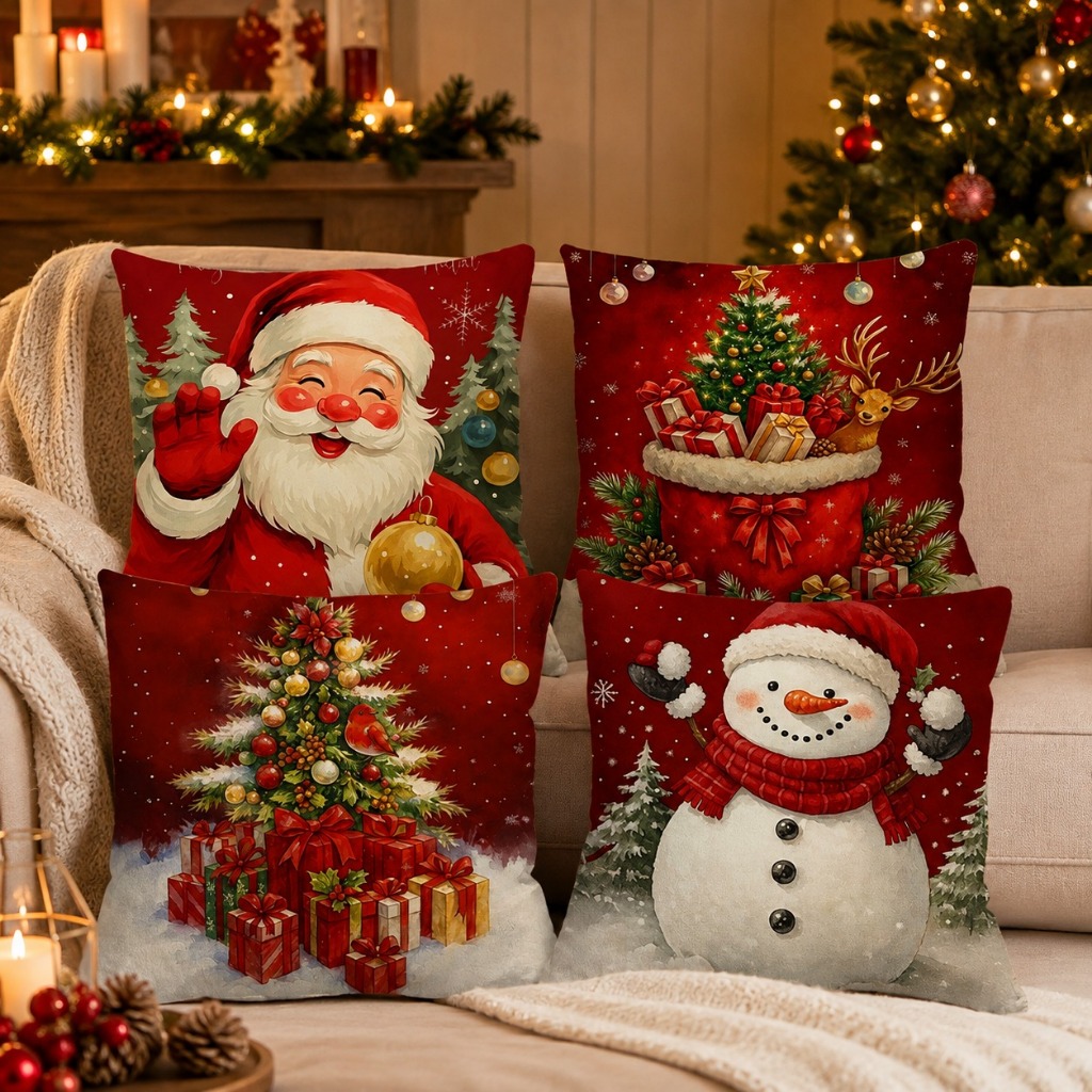 Kit 4 Capas De Almofada C/ Zíper 45x45 Decorativa Estampa Feliz Natal Papai Noel Rena Decoração