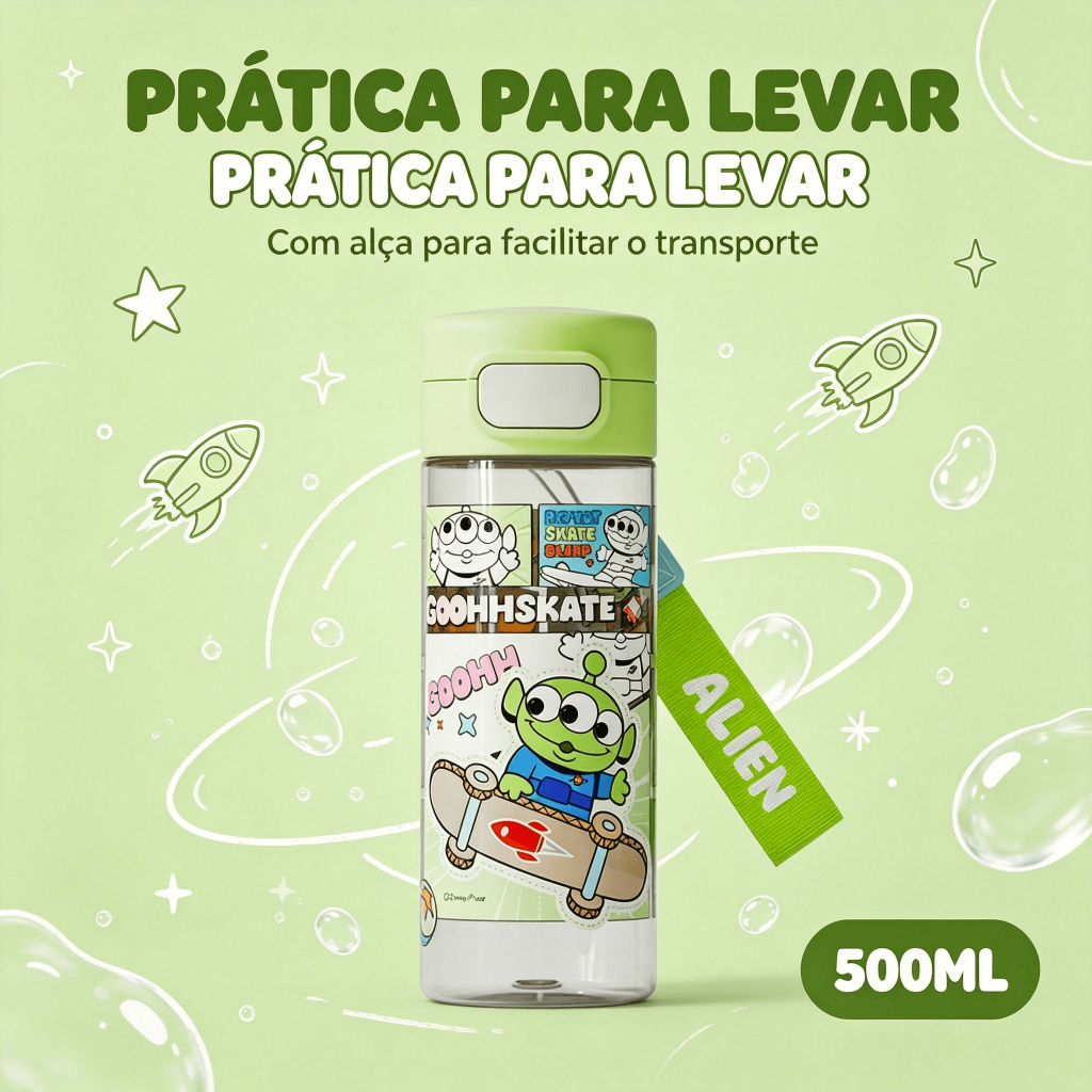 Garrafa Infantil Alien Robusta Verde Escolar Disney 530ml