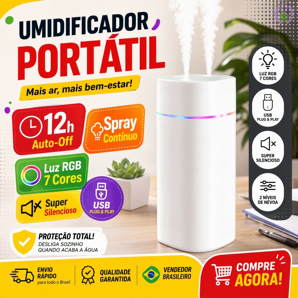 Umidificador de Ar 600ml Difusor Aromatizador Portátil USB Saída Dupla de Névoa Luz LED Silencioso para Escritório e Qua
