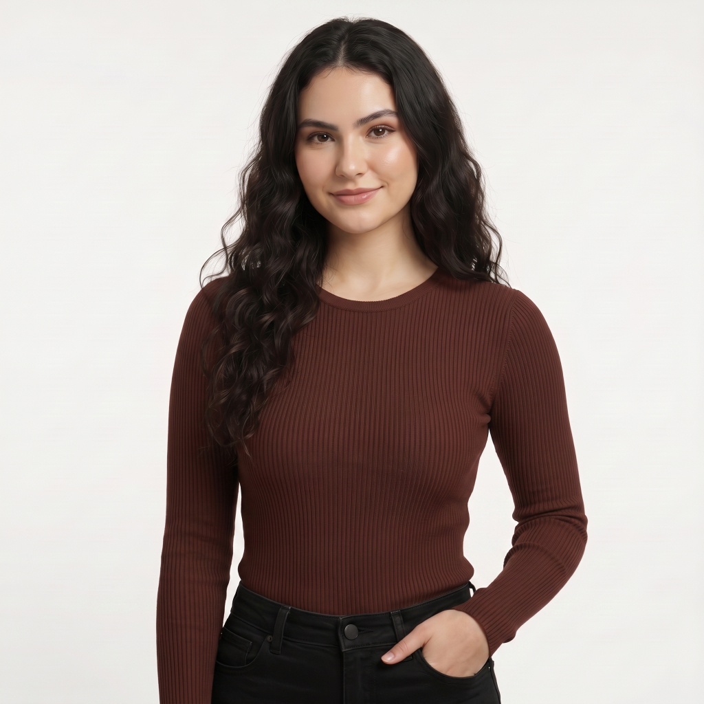Blusa Feminina Manga Longa Ribana Canelada Gola Redonda Básica Casual Moda Feminina Confortável