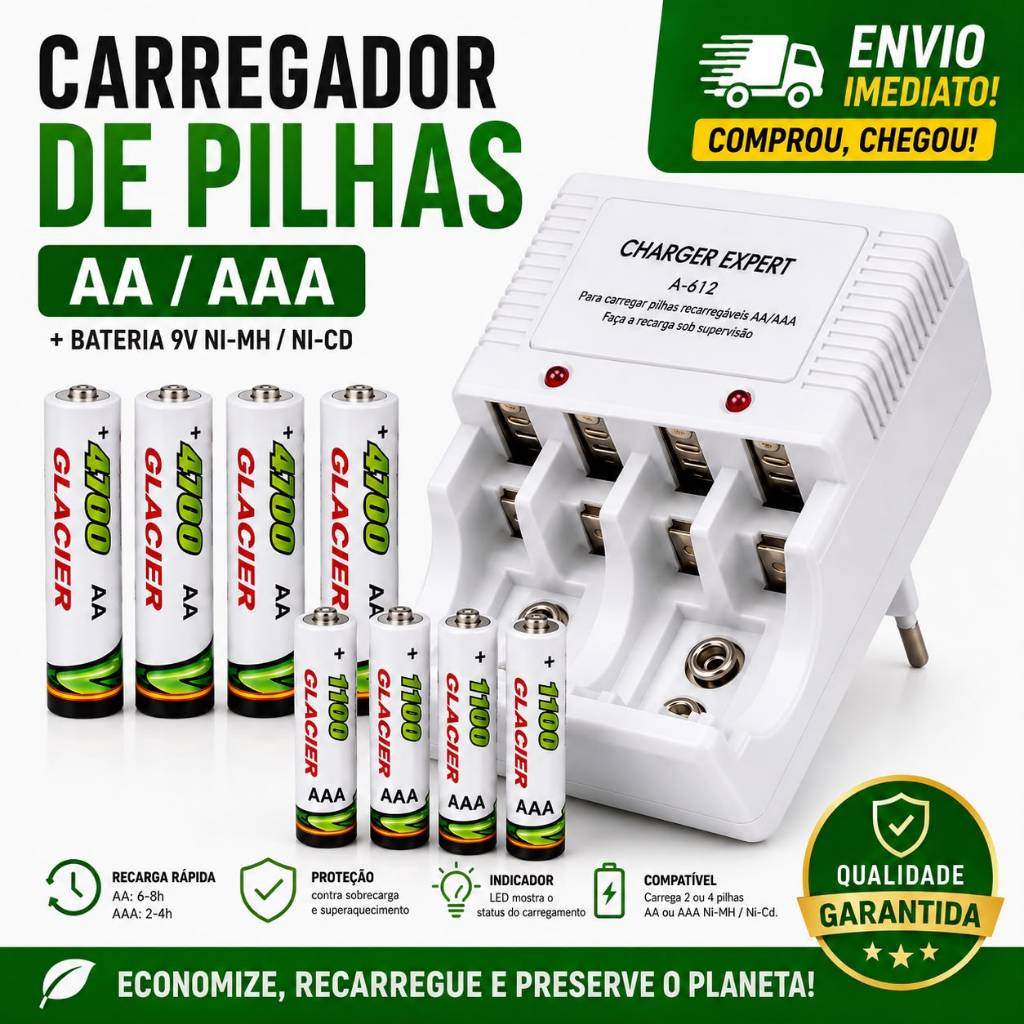 Carregador de Pilhas  Recarregáveis AA AAA Bateria 9V Bivolt
