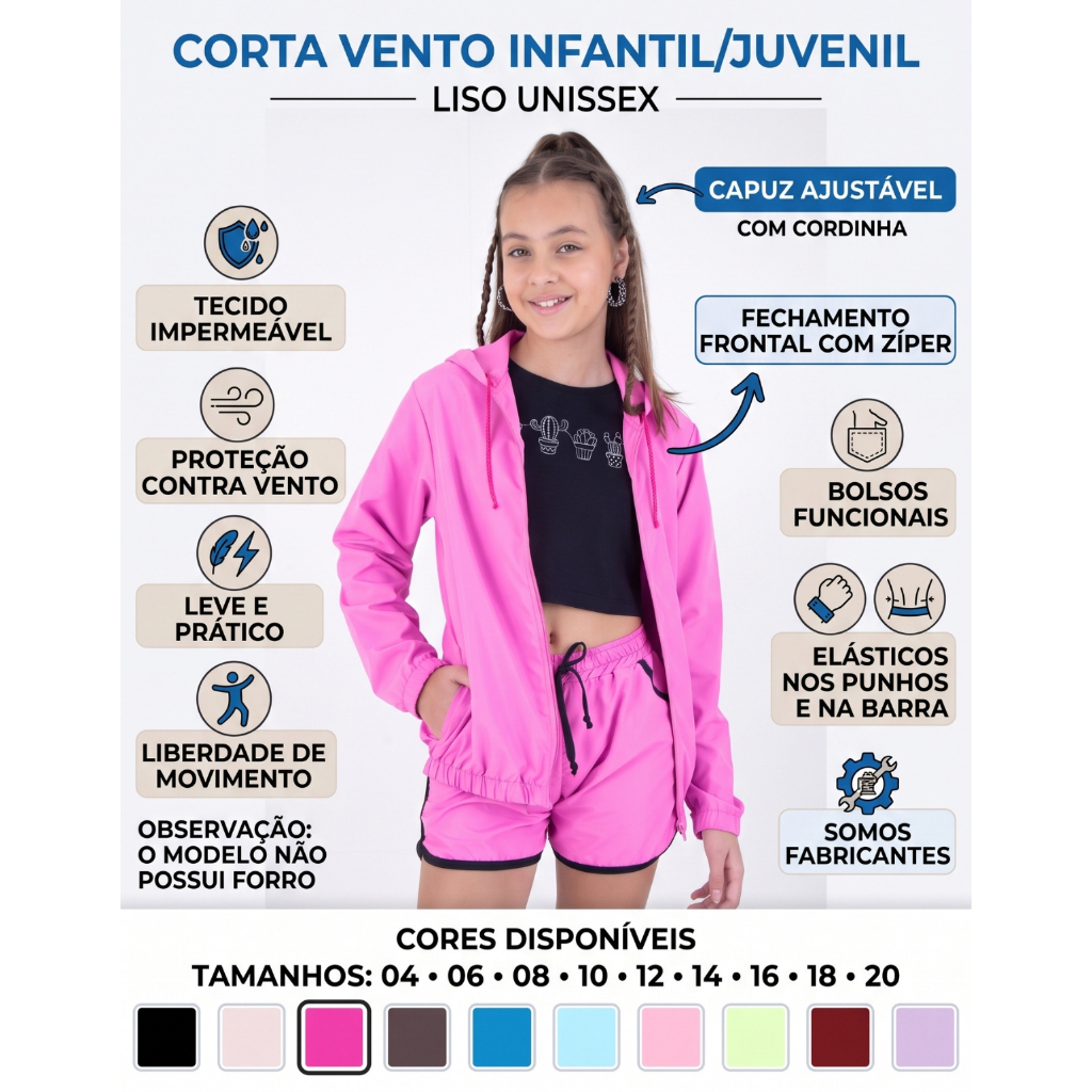 Jaqueta Corta Vento Infantil/Juvenil Liso Casaco Unissex Impermeavel