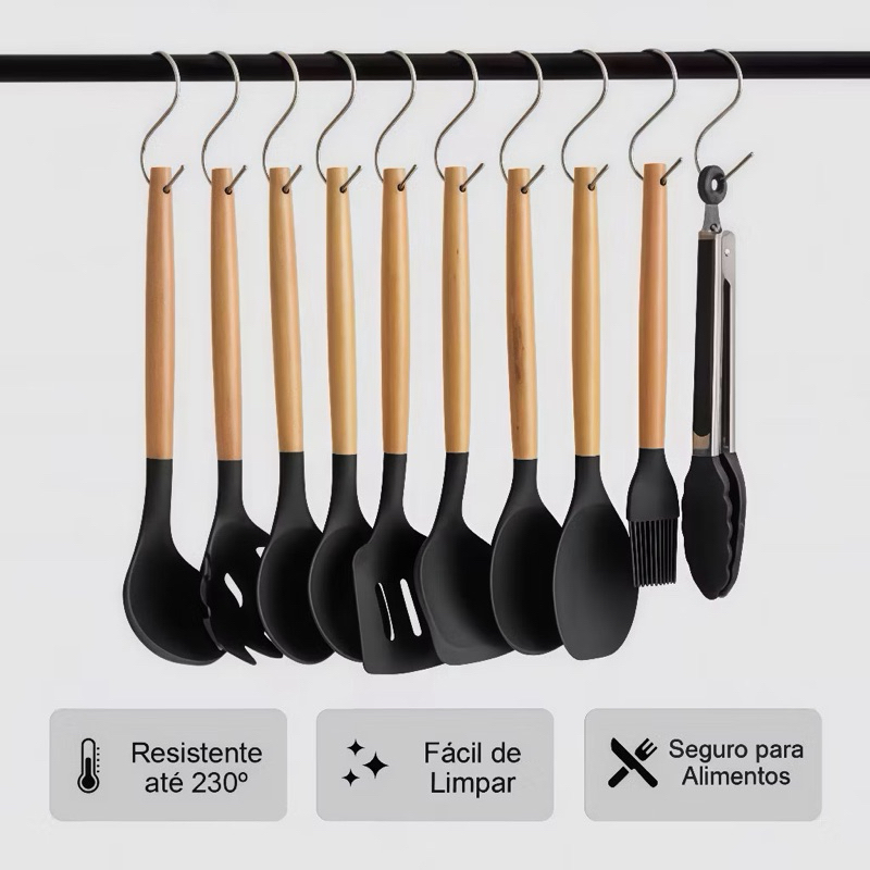 Kit Utensílios de Cozinha Silicone 12 Peças Completo Antiaderente Resistente SEM COPO SUPORTE