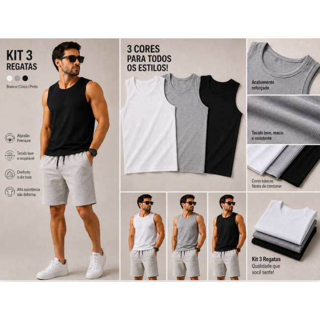 Kit 3 Regatas Masculinas Caneladas Básicas Branco Cinza Preto Confortáveis para Academia e Dia a Dia
