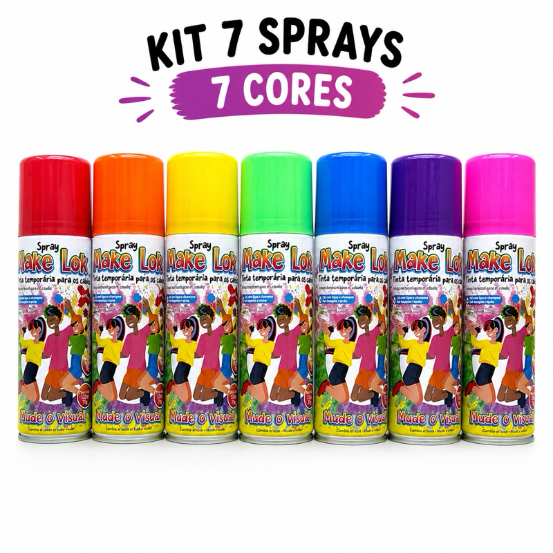 Kit 7 Spray Tinta Colorida Temporária Cabelo Maluco Infantil Azul Rosa Verde Amarela Roxa Vermelha Laranja Oi