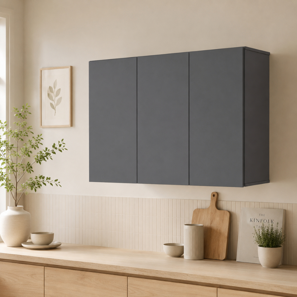 Armário Organizador 3 Portas com Prateleiras para Sala, Quarto ou Área de Serviço, Móvel Compacto 100 cm - Cinza