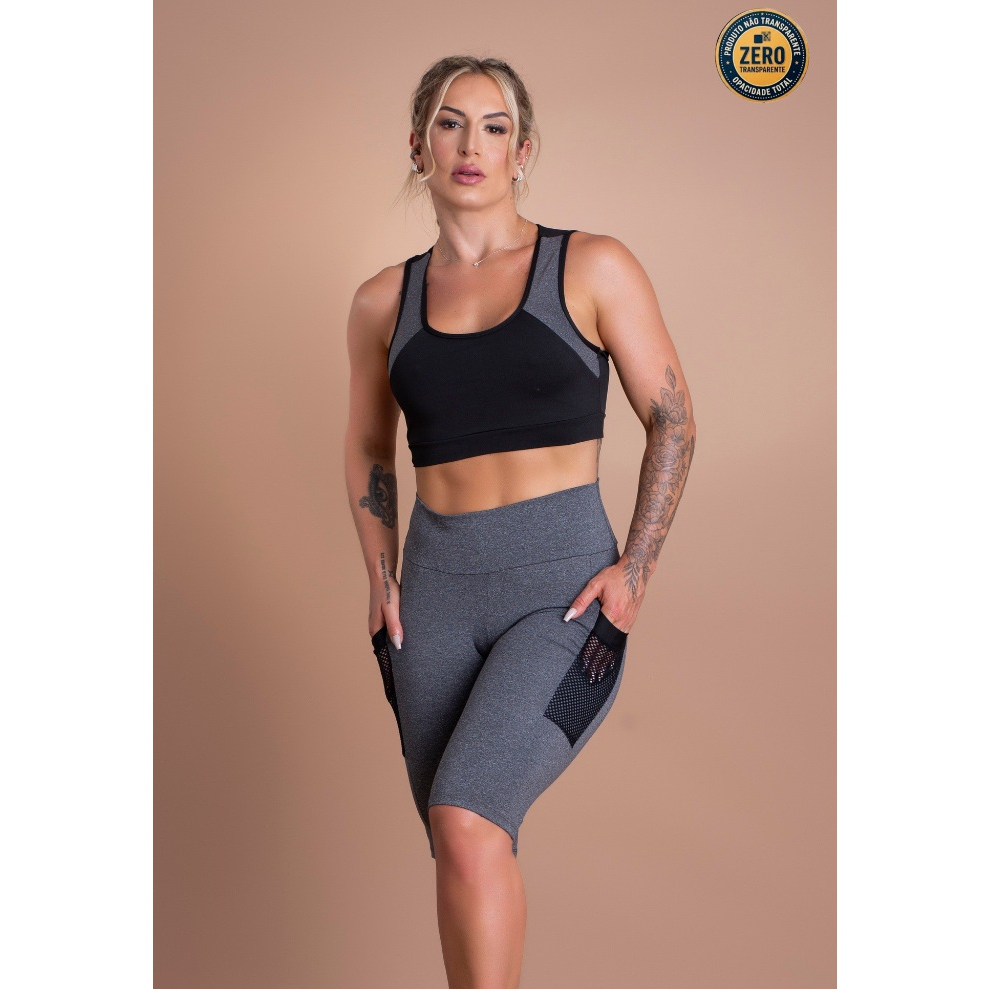 Conjunto Fitness Feminino Bermuda Cintura Alta Ciclista Bolso Tela E Top Nadador Decote Costas Treino ZERO TRANSPARÊNCIA