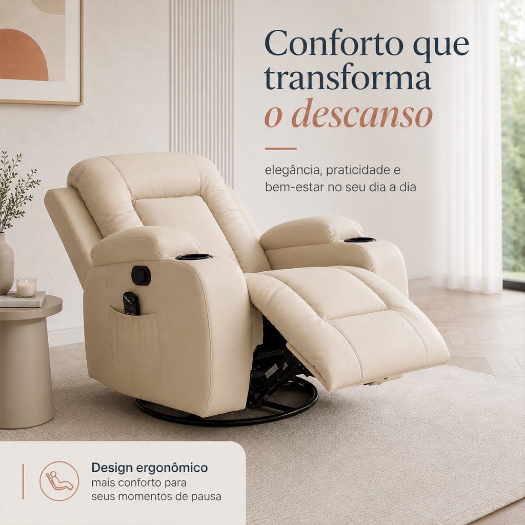 Poltrona do Papai Massagem Poltrona Reclinável Poltrona Massageadora Poltrona Giratória Bege Austin PU G94