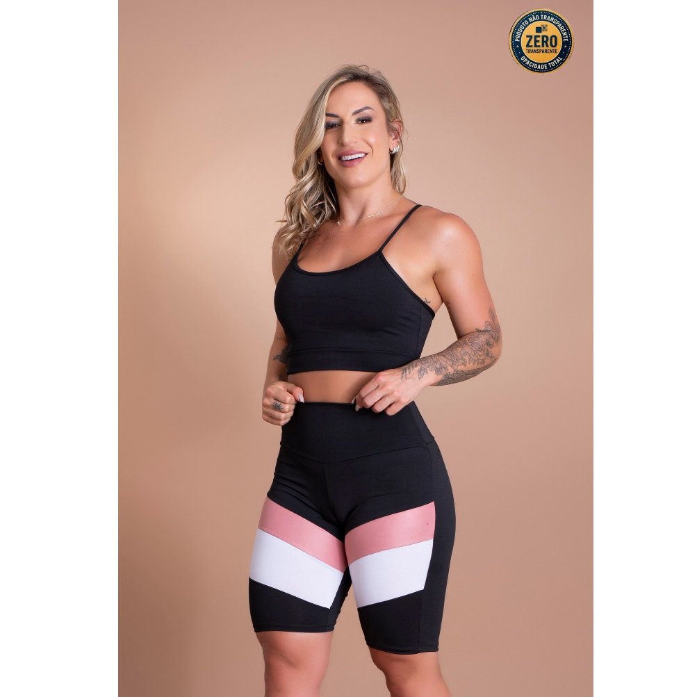 Conjunto Fitness Feminino Bermuda Lisa Cintura Alta E Top Cropped Alcinha Academia Fitness ZERO TRANSPARÊNCIA