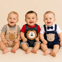 Kit 3 Peças Jardineira Macacão Bebê Menino + Camiseta Manga Curta Verão Roupas de Bebês