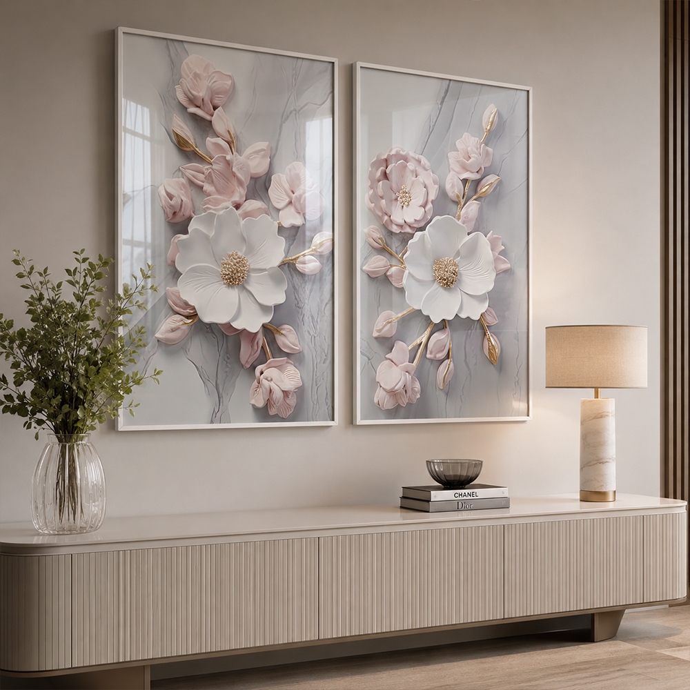 Quadro Decorativo Harmonia Floral em Dueto Com Moldura 50x75 Ou 60x90