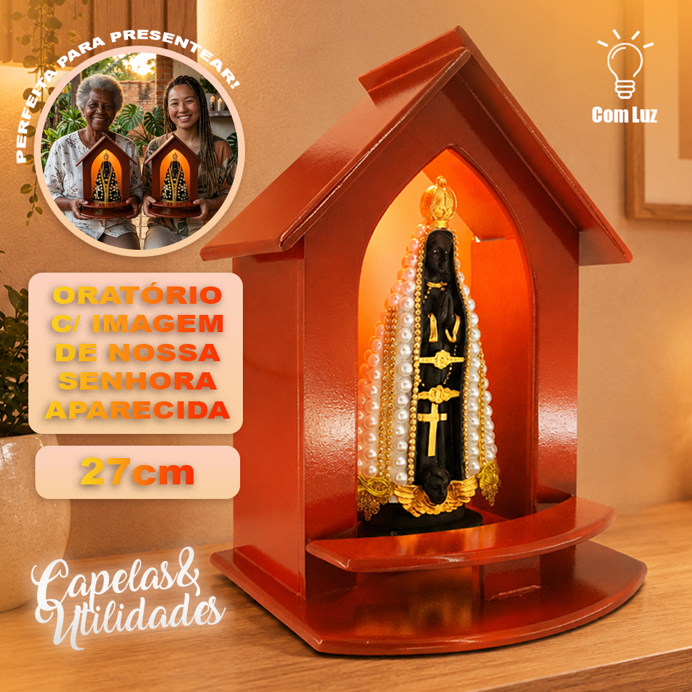 (3) Imagem Nossa Senhora Aparecida 30cm Manto Bordado Com Luz e Capela Oratório Porta Santa Madeira