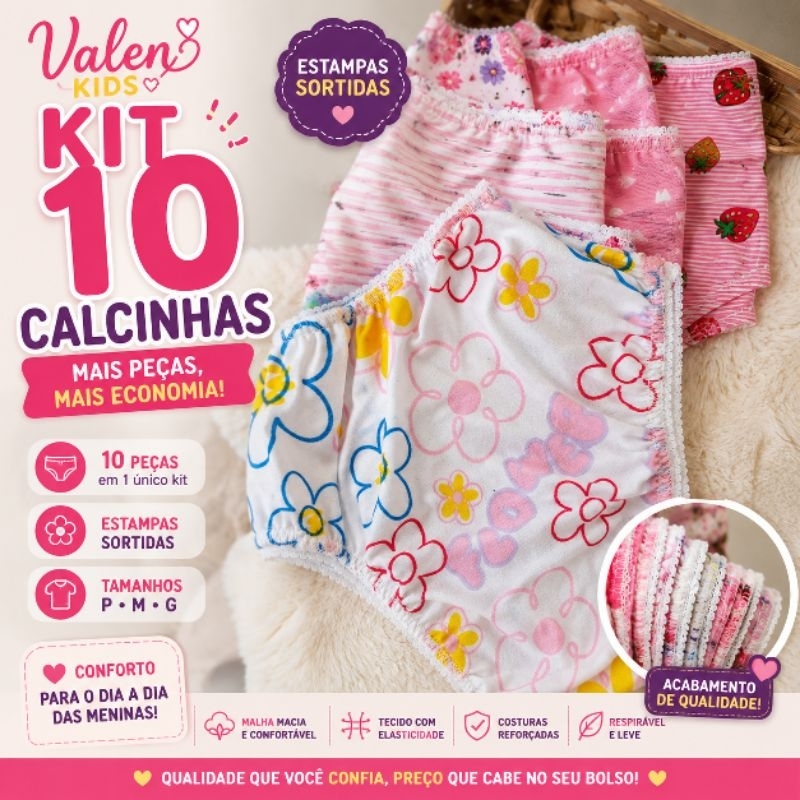 Kit 5 ou 10 Calcinhas Infantis Menina P M G | Estampas Sortidas | Valen Kids