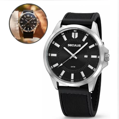 Relogio Seculus Masculino Prata Preto Prova Dágua Analógico Calendário Redondo Moderno Elegante Sofisticado Esportivo
