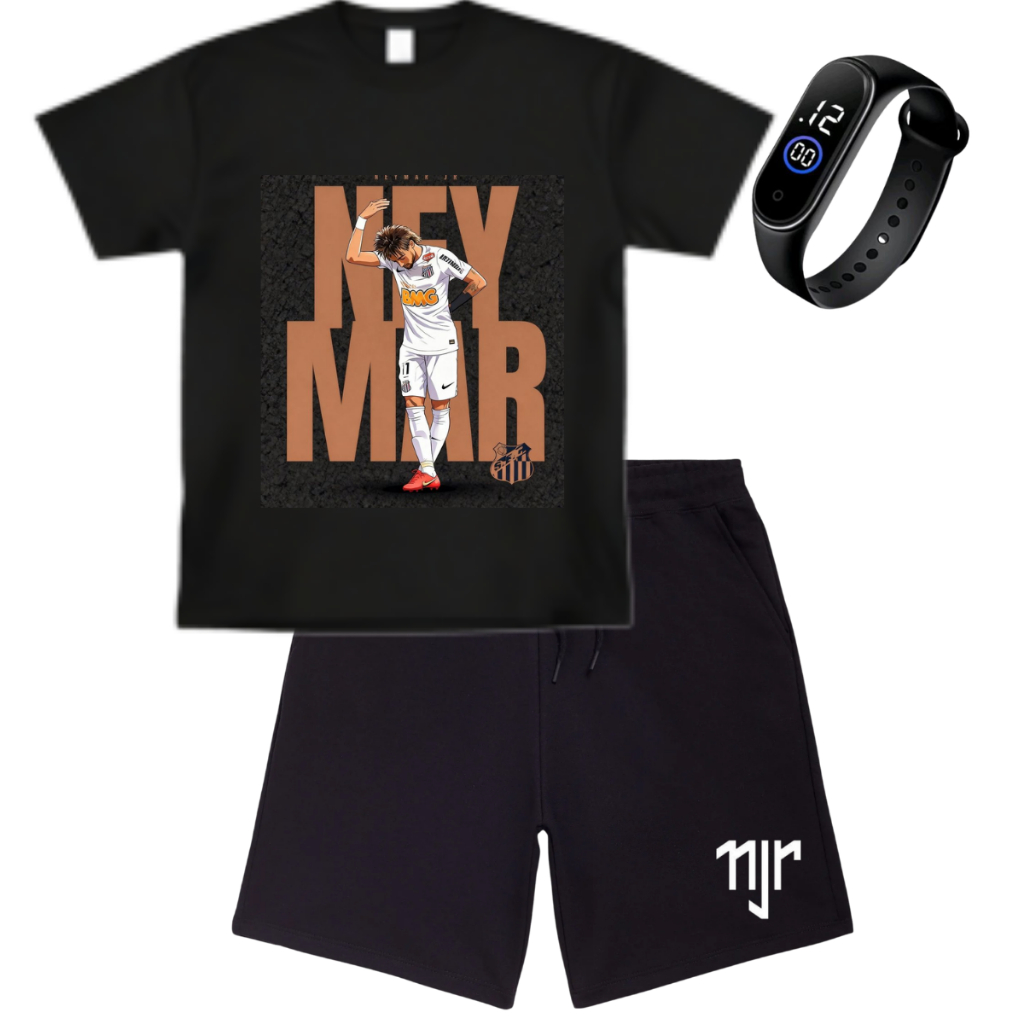 Conjunto infantil camiseta e bermuda Neymar JR relogio