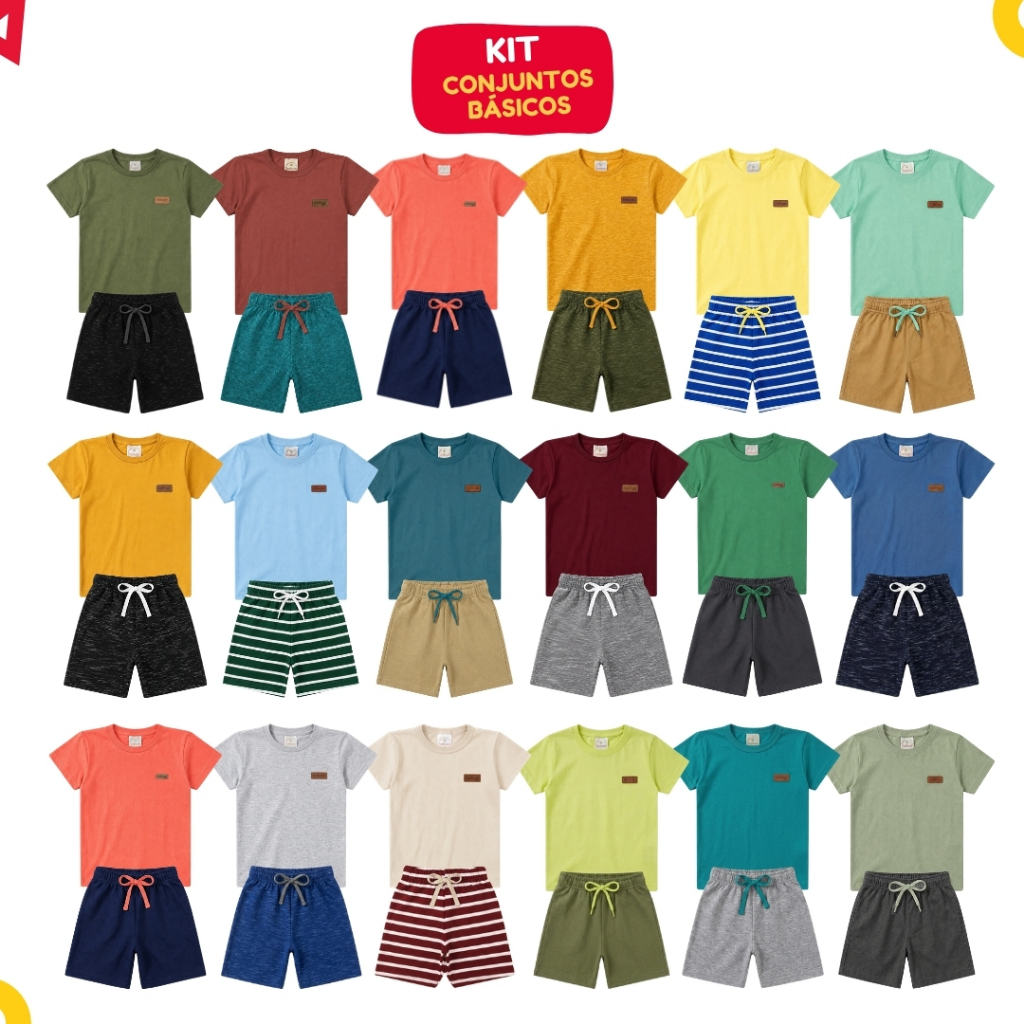 Kit 12 Peças Roupa Básica Infantil Menino Conjunto Liso Masculino Verão Algodão Tamanho 1 ao 14