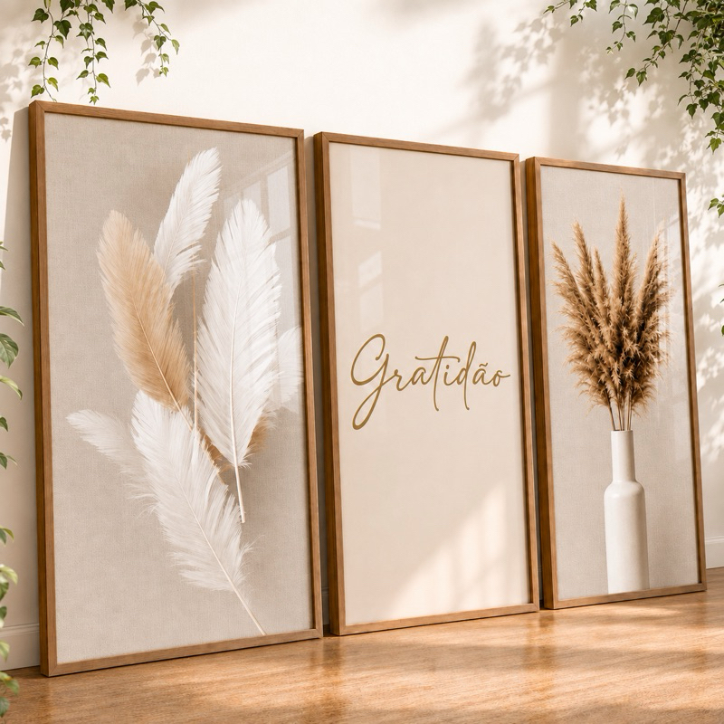 Quadro Decorativos Trio Gratidão Ramo de Trigo Prosperidade Branco Moderno para Sala Hall Escritório