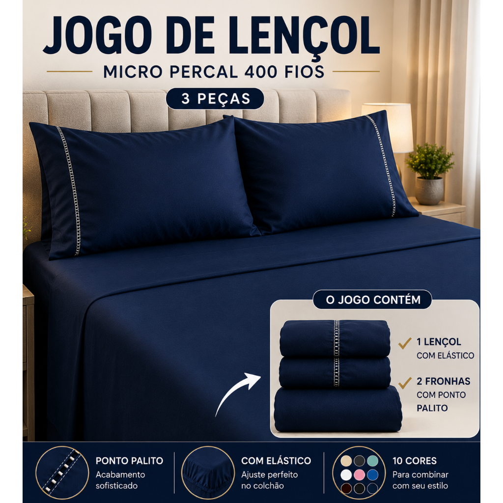 Lençol 400 Fios + 2 Fronhas Toque de Hotel Percal |Solteiro|Casal|Queen|king