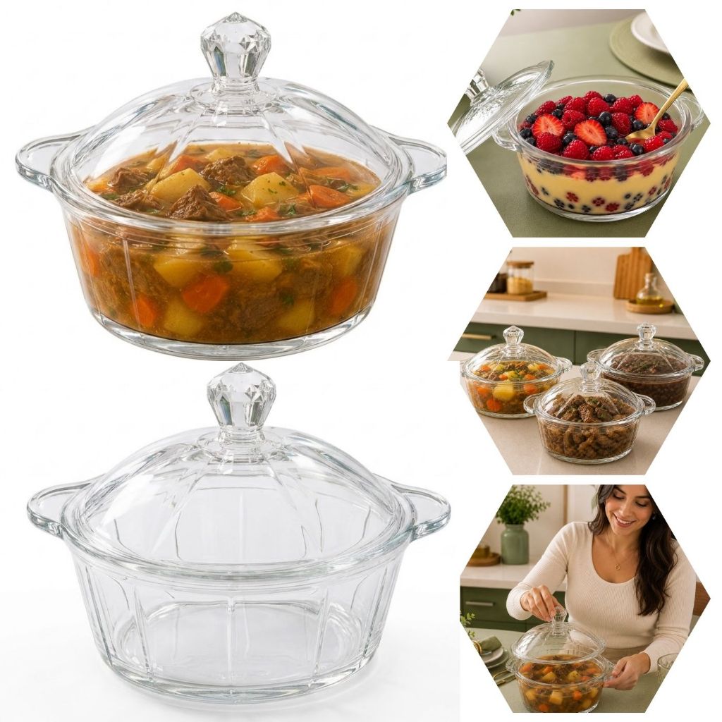 Travessa Sopeira De Vidro 900 ML Com Tampa Para Sopas Doces Com Alca Sobremesas Servir Mesa Cozinha