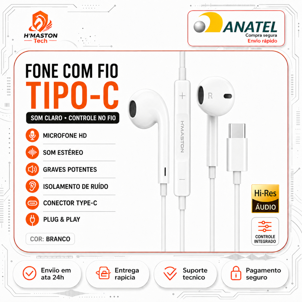 H'maston RB02 Fone De Ouvido Com Fio Iphone Fone De Ouvido Com Fio Tipo C Fone Com Fio Fone De Fio Fone Ouvido