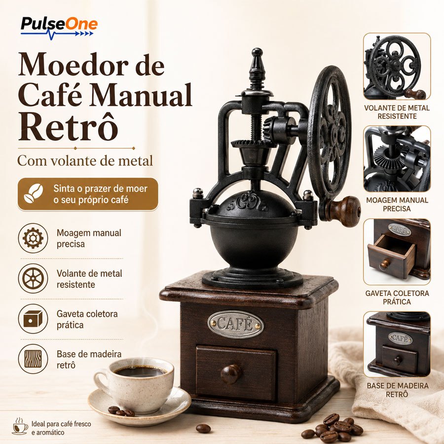 Moedor de Café Manual Retrô com Manivela | Corpo em Metal + Gaveta de Madeira, Design Vintage