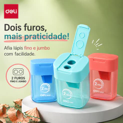 Kit Apontador de Lápis Deli com 3 Unidades Duplo Furo 6,9–11mm com Depósito e Tampa Flip Top