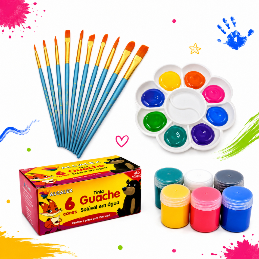 Kit 10 Pincéis Azul Pintura +6 Tinta Guache 15ml + Godê Flor