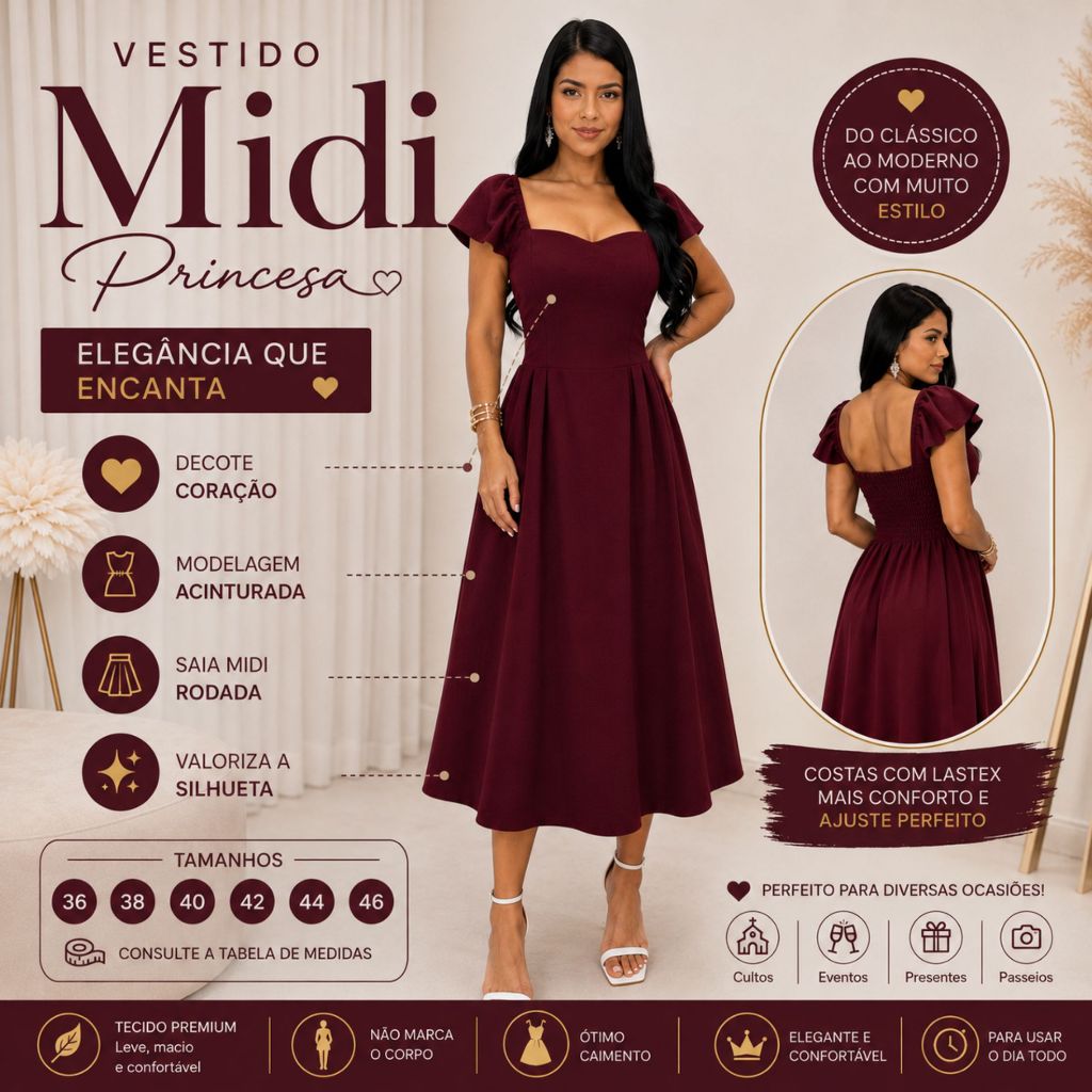 Vestido Midi Princesa Duna Premium Decote Coração Manga Babado Costas em Lastex Elegante Feminino em Duna Premium