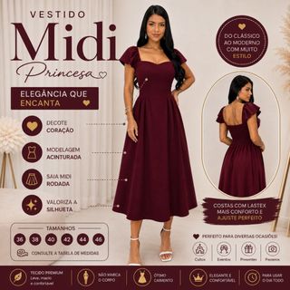 Vestido Midi Princesa Duna Premium Decote Coração Manga Babado Costas em Lastex Elegante Feminino em Duna Premium