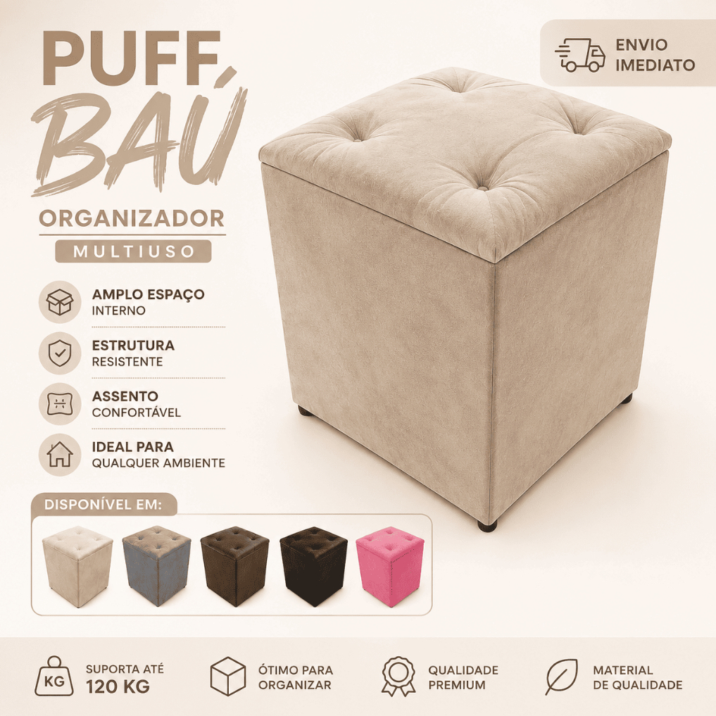 PUFF BAÚ SUEDE PORTA OBJETOS BRINQUEDOS SAPATOS ROUPAS DECORATIVO CASA PENTEADEIRA PUFF BAÚ PROMOÇÃO