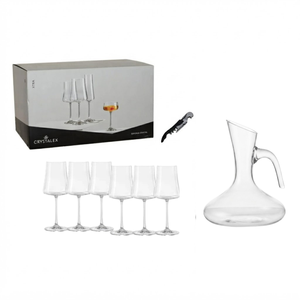 JOGO 6 Taças Cristal Titânio Xtra Vinho 220 a 560ml Bohemia + Decante C/Alça e Saca rrolha Grátis