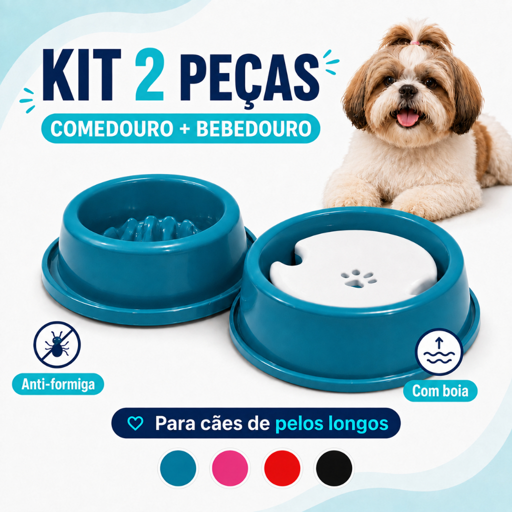 Bebedouro Cachorro Pelos Longos Comedouro Antiformiga 1 Comedouro e 1 Bebedouro Shihtzu Lhasa Maltês