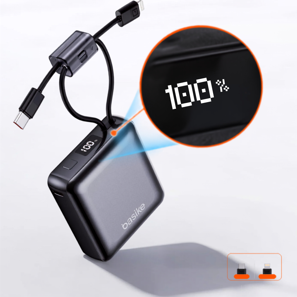 Power Bank 10000mAh Basike Carregador Portátil 20W 2 Cabos Integrados Para IPhon