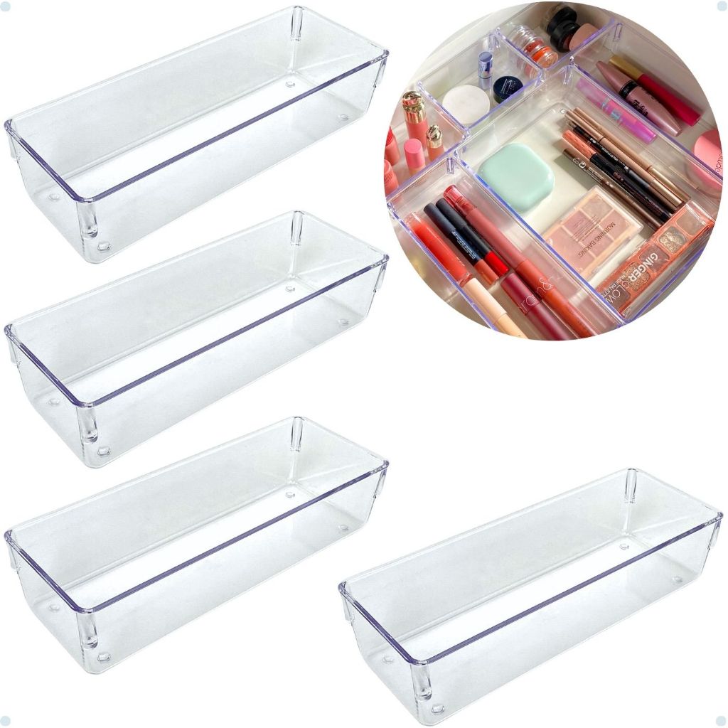 Kit 4 Organizadores Modulares Multiuso para Gavetas, Armários e Geladeira Acrílico - Cristal e Fumê