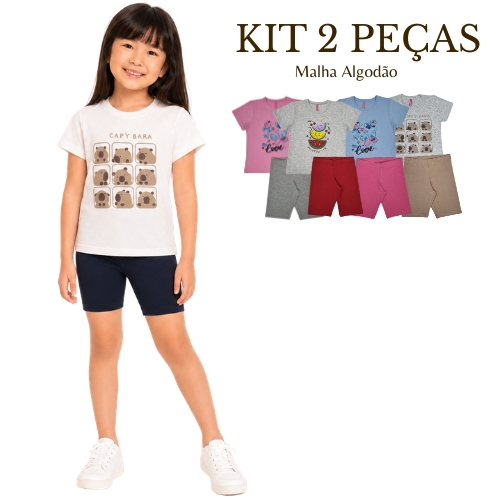 Kit 2 Peças Conjunto Infantil Menina Camiseta Estampada Algodão Cotton Bermuda Ciclista Verão