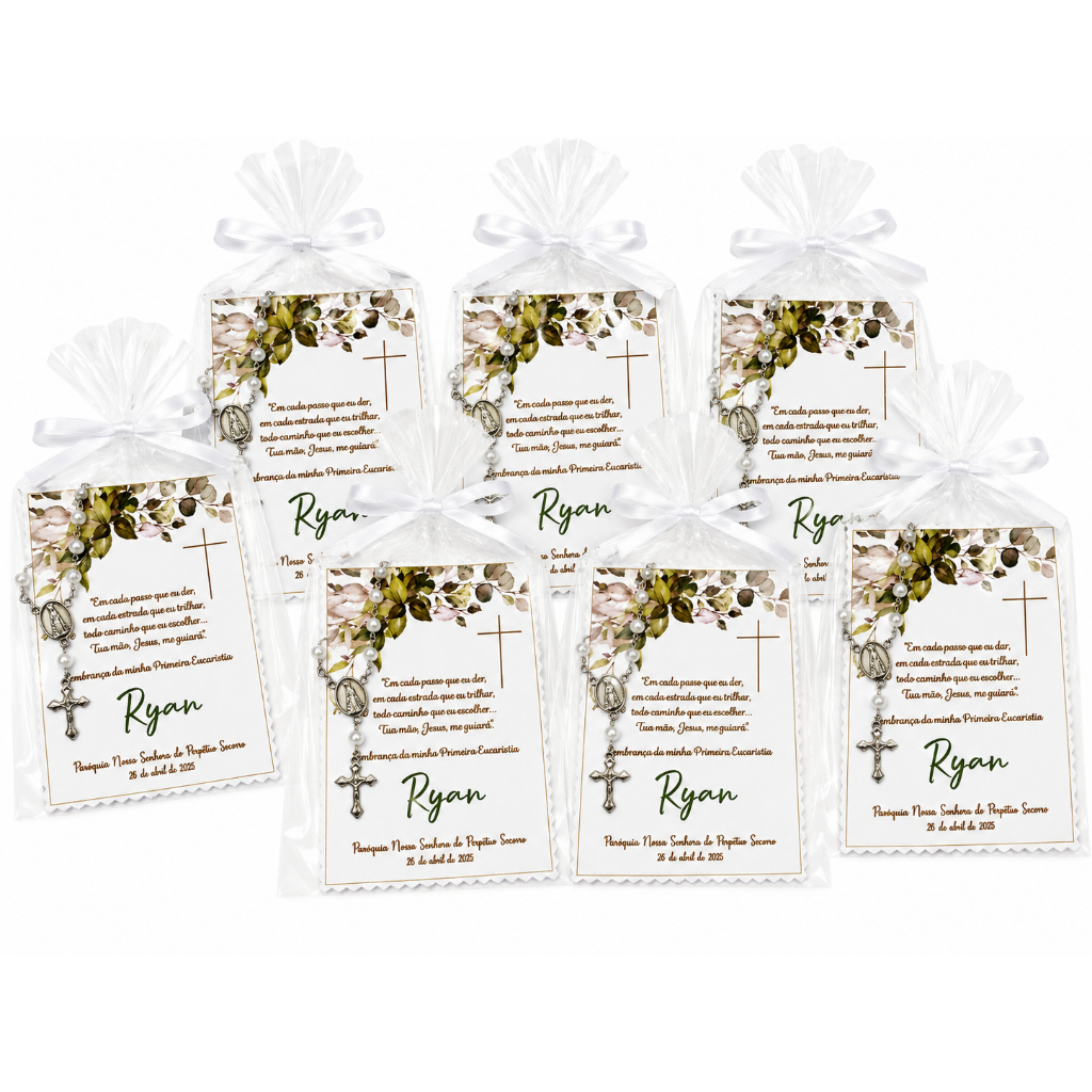 Tag Personalizada Primeira Comunhão Batizado com Mini Terço – Lembrancinha Religiosa para Eventos