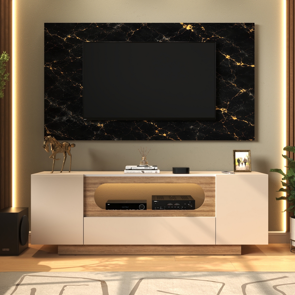 Rack Para TV Off White Amadeirado Até 60 Polegadas 136cm Nicho Oval 2 Portas Sala Home Theater Bancada Moderna
