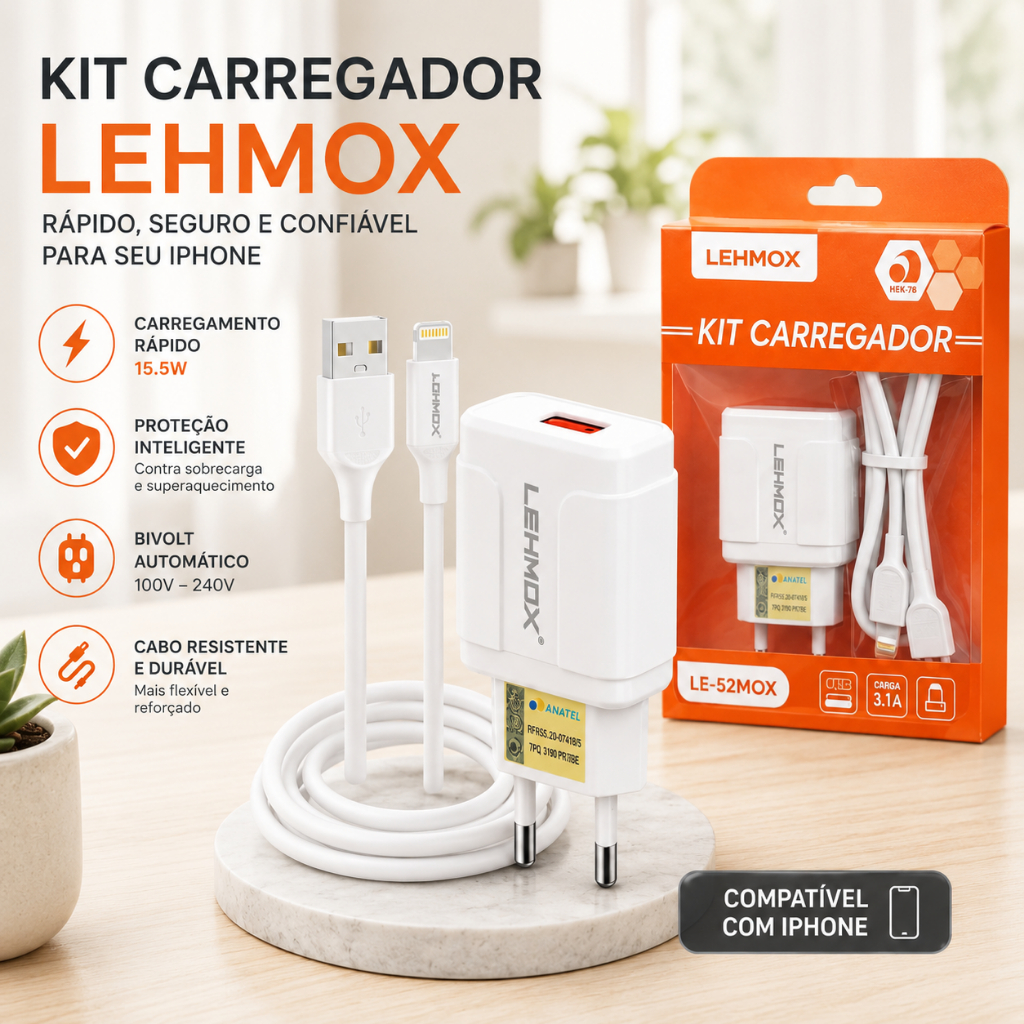KIT Carregador Cabo e Fonte Turbo Para Celular iPhone USB Ligthning Homologado Anatel