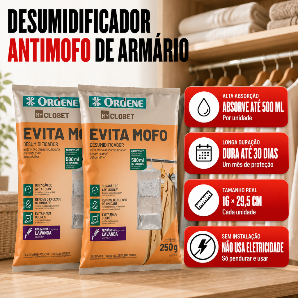 Desumidificador de Armário Antimofo Guarda Roupa Sapateira 2 Unidades Ordene Dry Closet Lavanda