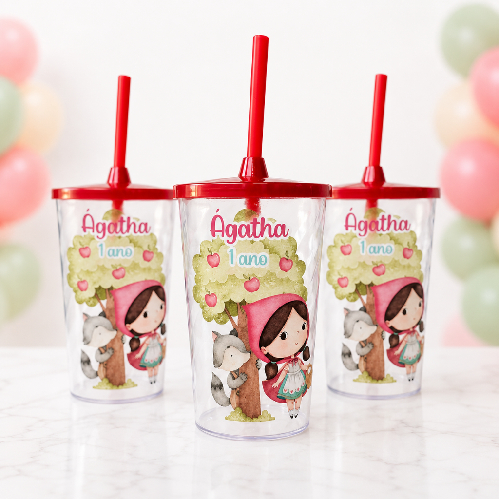 Kit Copo Twister 500ml Chapeuzinho Vermelho com Tampa e Canudo - Lembrancinhas de Festa Aniversário