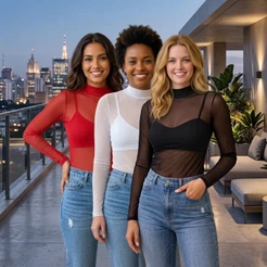 Blusa Tule Transparente Manga Longa Gola Alta Segunda Pele Tendência Com Elasticidade Moda Gringa