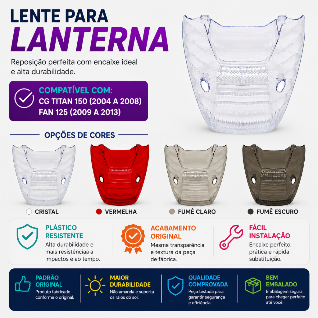 Lente De Lanterna Compatibilidade CG Titan 150 Ano 2004 a 2008 / Fan 125 Ano 2009 a 2013