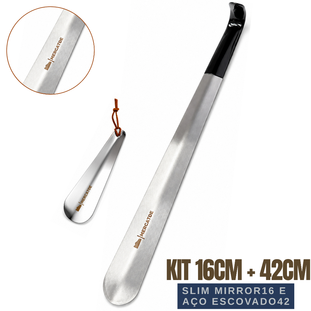 KIT Calçador 42cm LONGO Aço Inox Escovado + Calçador 16cm SLIM PREMIUM AÇO INOX para Sapatos Tênis Botas - KIT ELEGANTE
