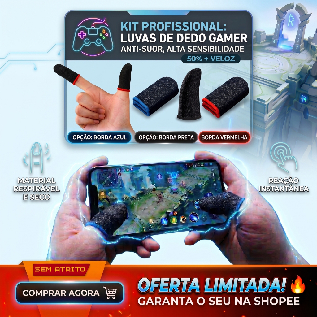 2/4/6 Luva De Dedo Gamer Anti Suor Fibra De Carbono Profissional Preta, Azul ou Vermelha