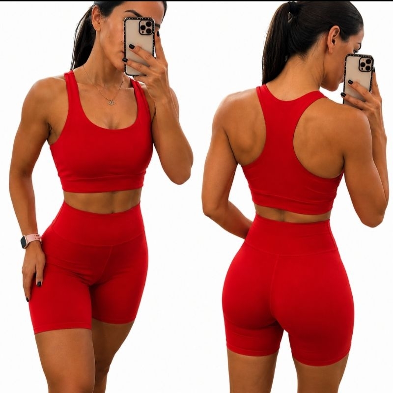 CONJUNTO FITNESS FEMININO TOP DUPLO NADADOR + SHORTS POLIAMIDA ZERO TRANSPARENCIA | ACADEMIA TREINO