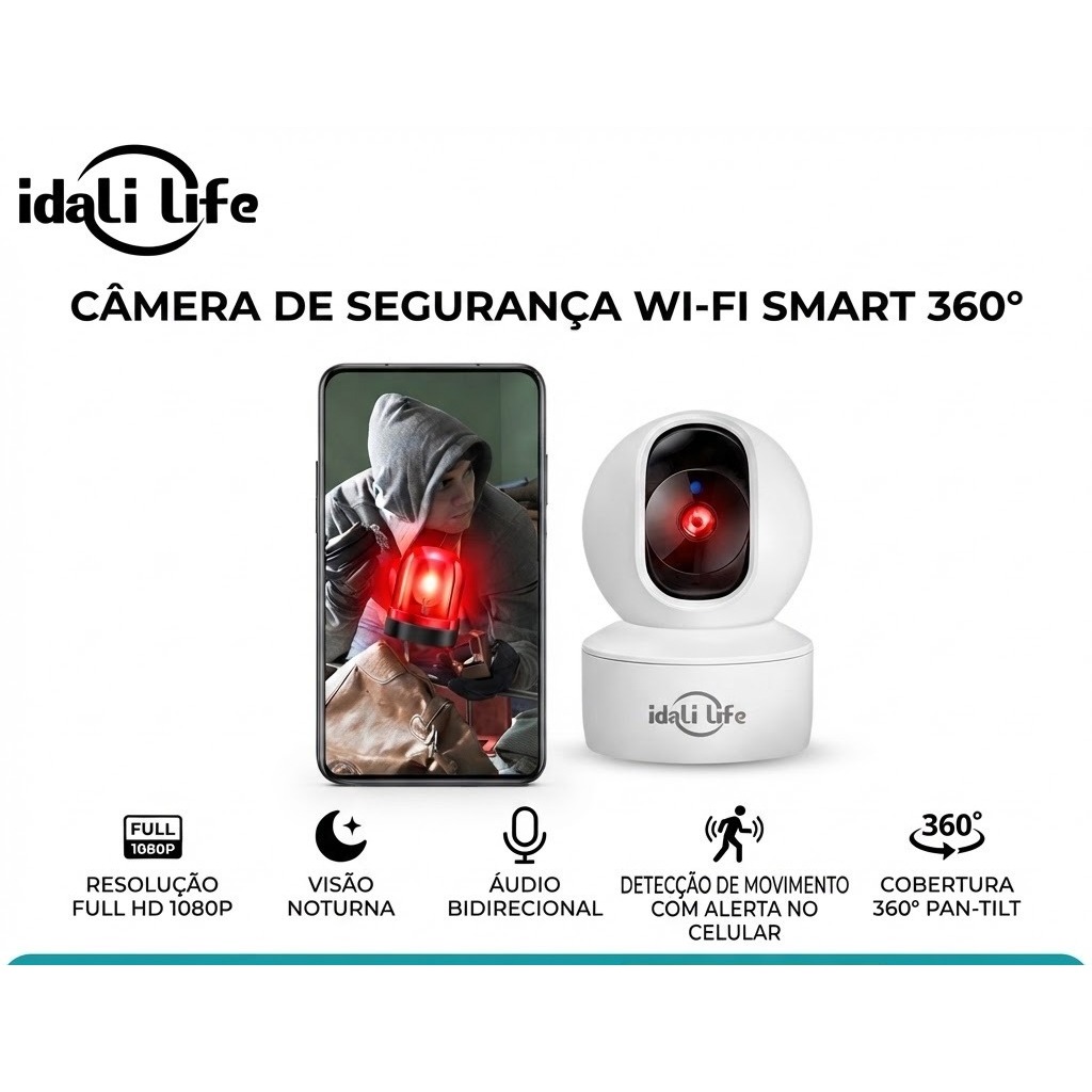 Câmera de Segurança Wi-Fi 360° Full HD Sensor Movimento Visão Noturna Idali Life Babá PET fácil instalação APP DAFU LIFE