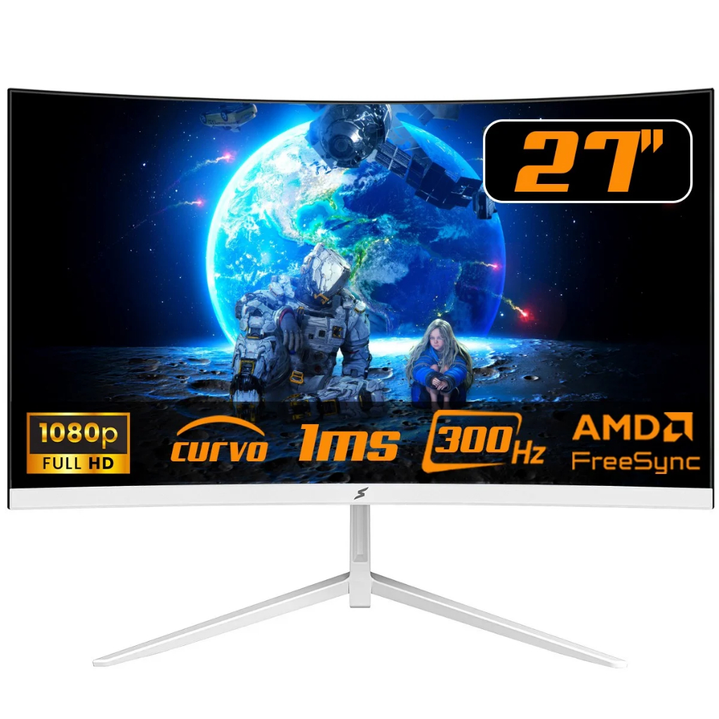 Monitor Gamer SuperFrame Vision, 27 Pol, Curvo, Full HD, VA, 1ms, 300Hz, FreeSync, HDMI/DP, Branco, SF-MN-VSN27FVCFW1B